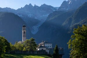 First sun rays over Soglio, Bregaglia valley