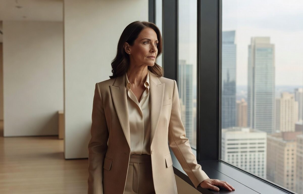 Professional woman looking thoughtfully out office window