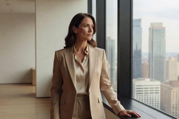 Professional woman looking thoughtfully out office window